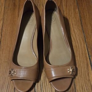 Tory Burch Tan Peep Toe WedgeSize 9.5
